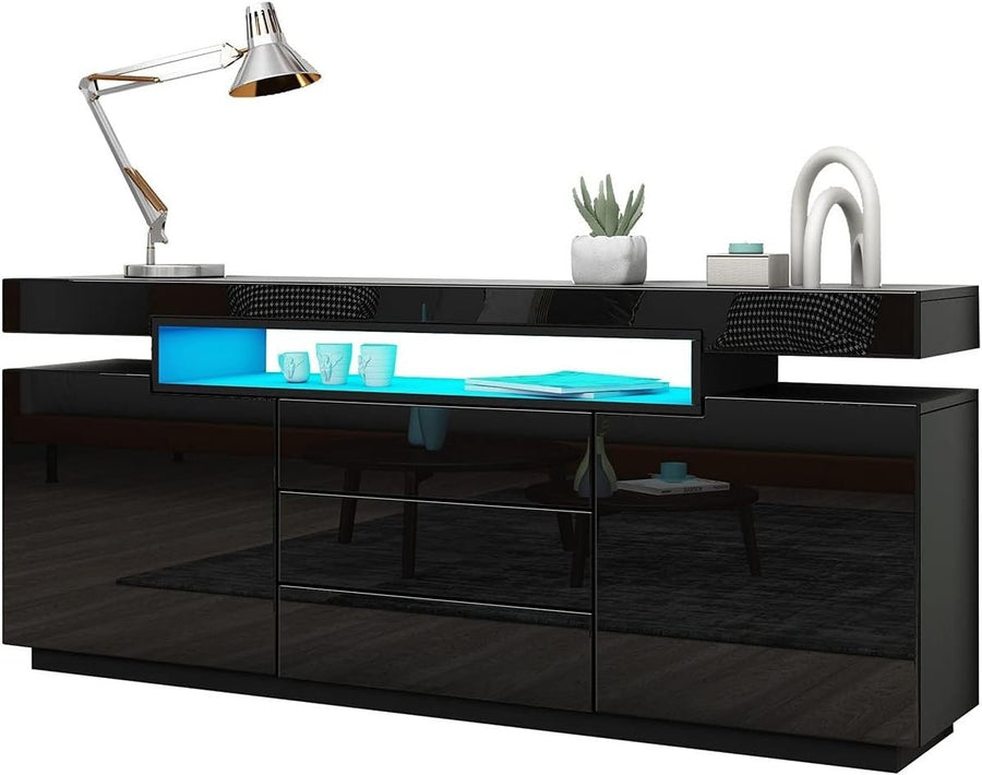 High Gloss Black Sideboard Cabinet TV Stand LED Light 2 Doors 3 Drawers - Kwikley