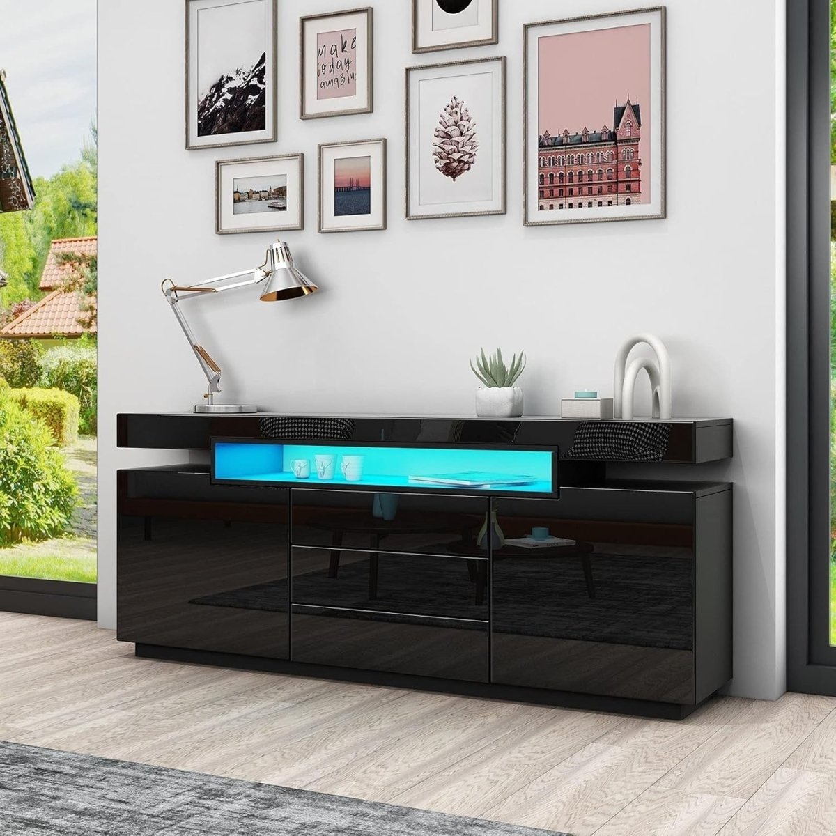 High Gloss Black Sideboard Cabinet TV Stand LED Light 2 Doors 3 Drawers - Kwikley