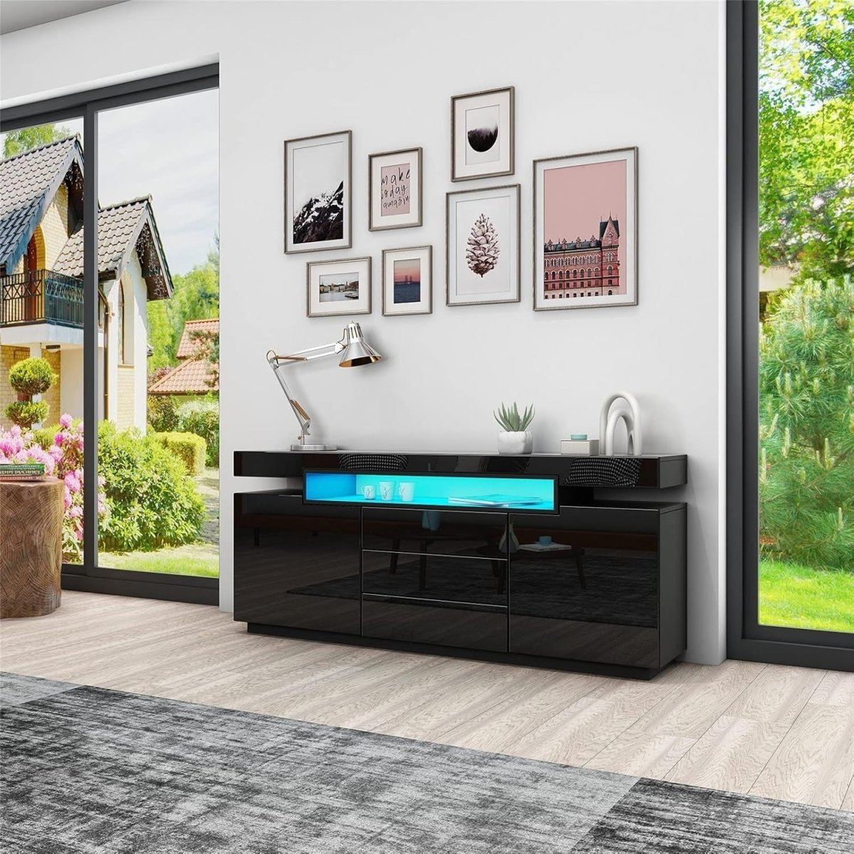 High Gloss Black Sideboard Cabinet TV Stand LED Light 2 Doors 3 Drawers - Kwikley