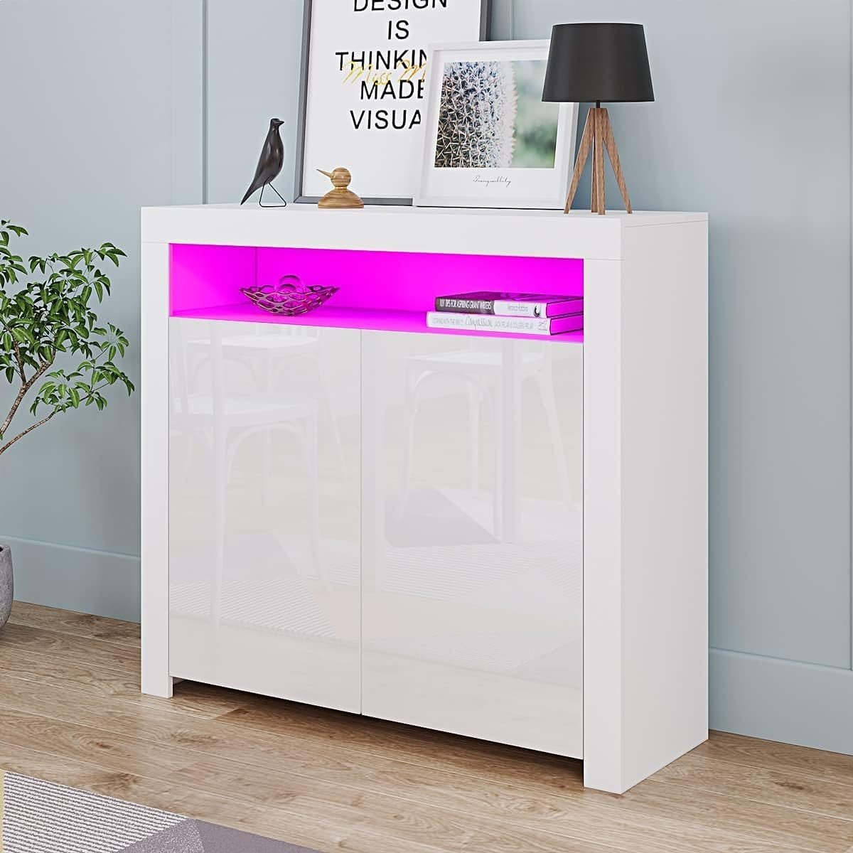 High Gloss White Storage Sideboard with LED Lights | Modern Living Room Cupboard - Kwikley
