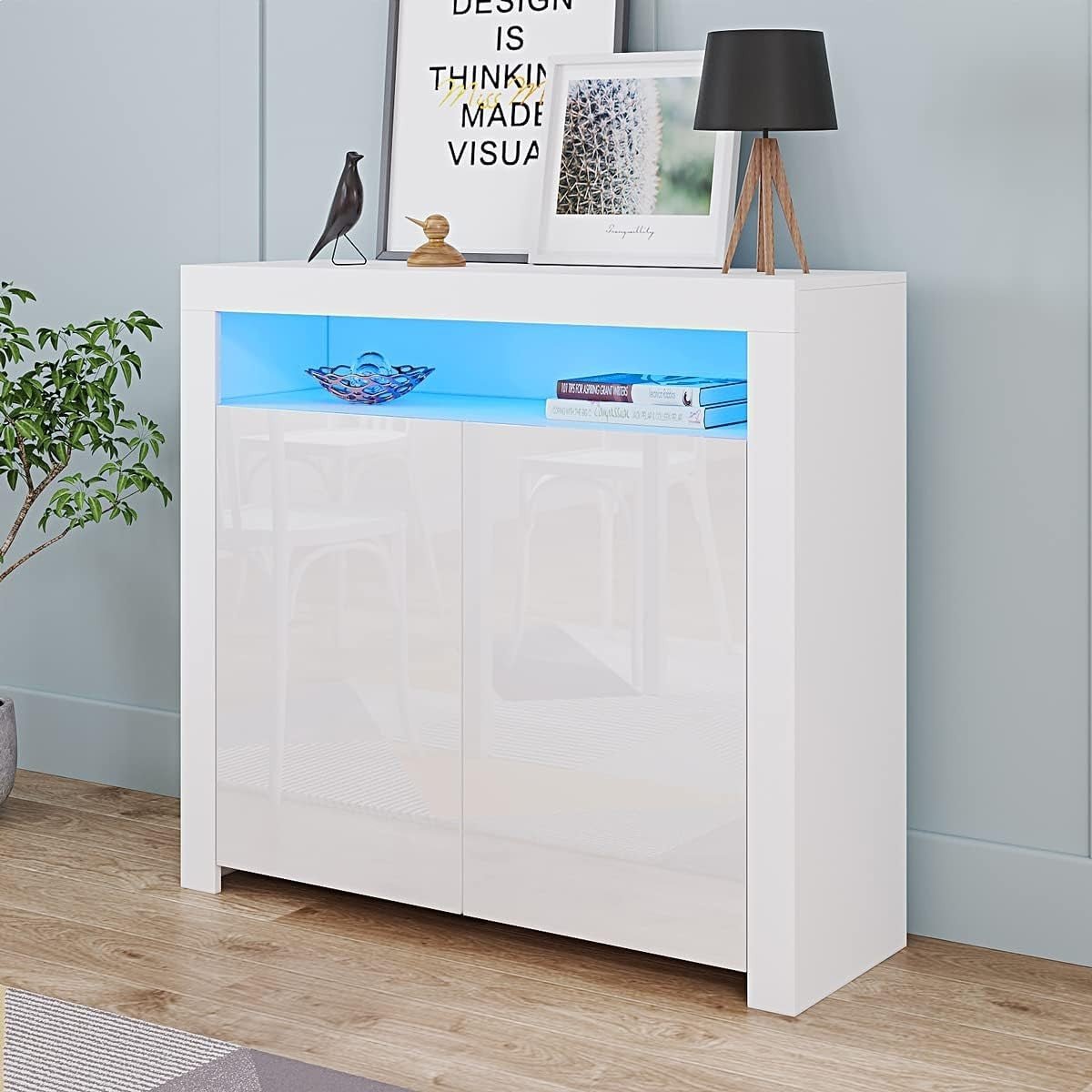 High Gloss White Storage Sideboard with LED Lights | Modern Living Room Cupboard - Kwikley