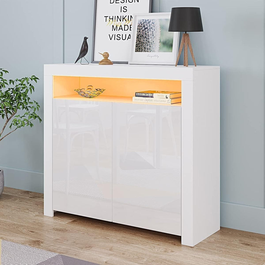 High Gloss White Storage Sideboard with LED Lights | Modern Living Room Cupboard - Kwikley