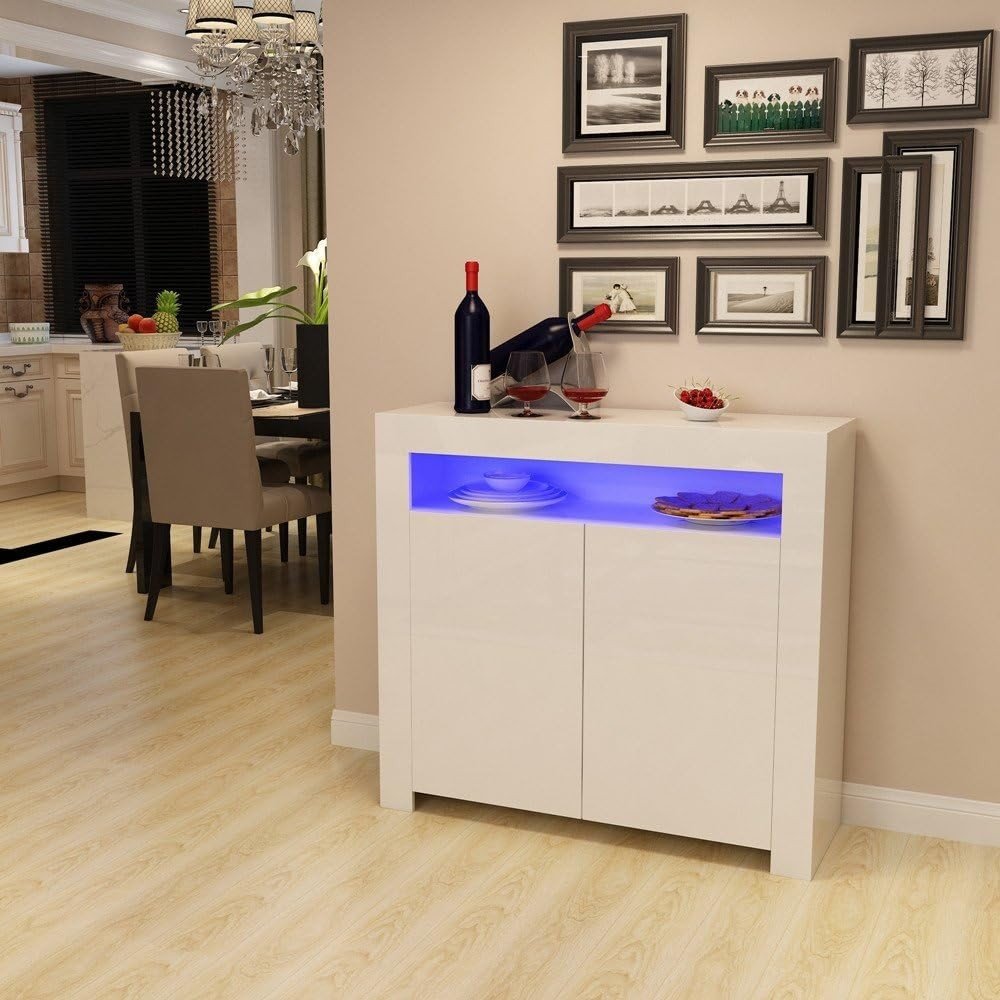High Gloss White Storage Sideboard with LED Lights | Modern Living Room Cupboard - Kwikley
