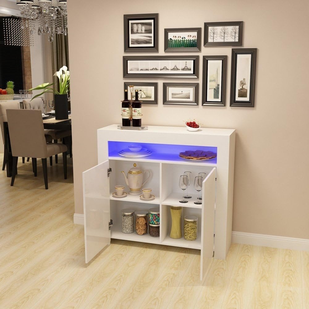 High Gloss White Storage Sideboard with LED Lights | Modern Living Room Cupboard - Kwikley
