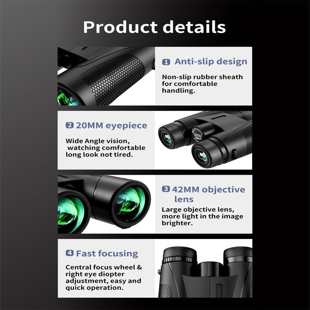 High Power 12x42 Binoculars HD Waterproof FMC Lens for Bird Watching Travel - Kwikley