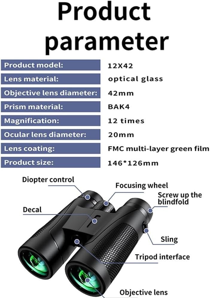 High Power 12x42 Binoculars HD Waterproof FMC Lens for Bird Watching Travel - Kwikley