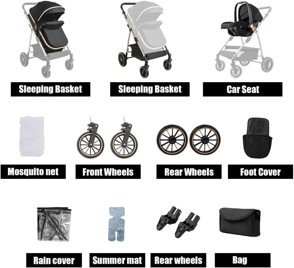 High View Baby Pram 3in1 Travel Pushchair Foldable Newborn Toddler - Kwikley