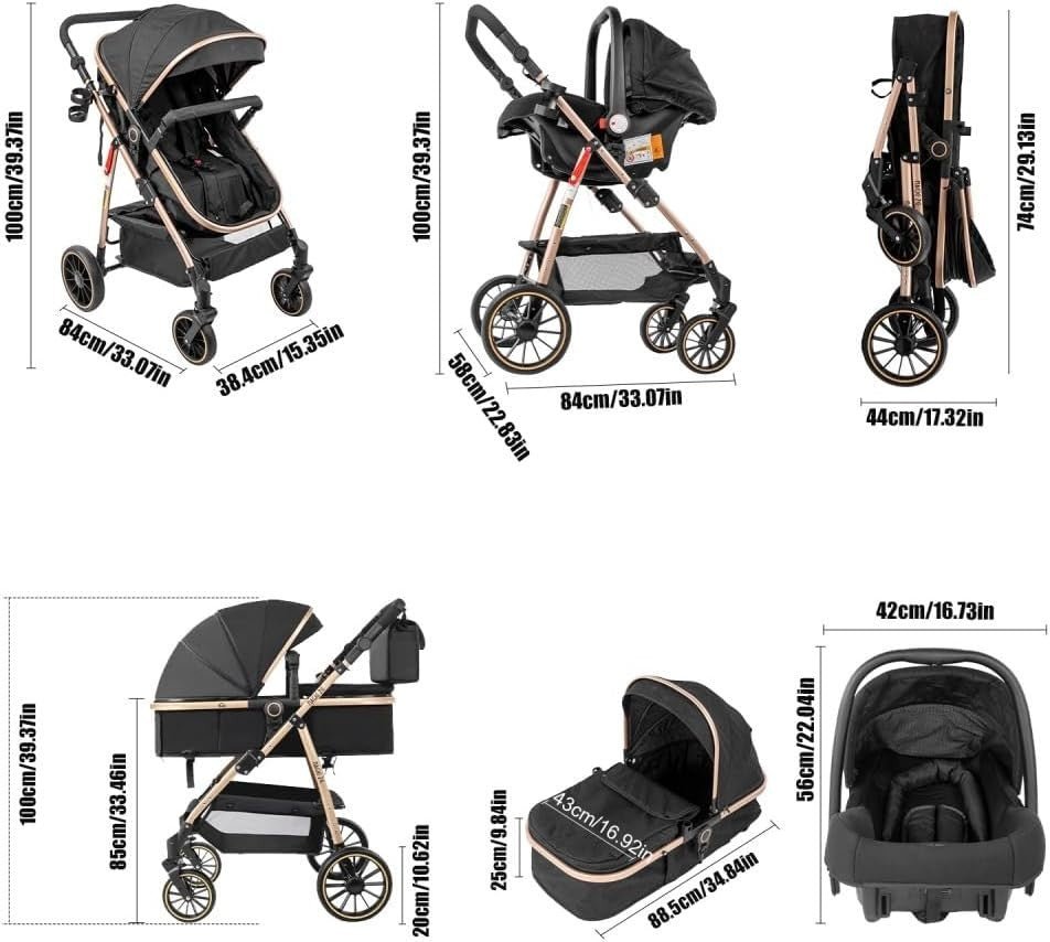 High View Baby Pram 3in1 Travel Pushchair Foldable Newborn Toddler - Kwikley