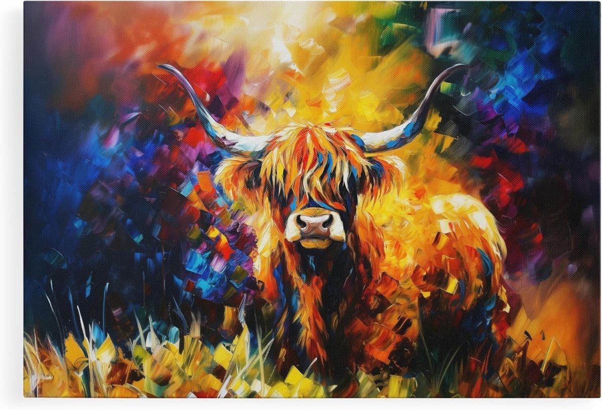 Highland Cow Colourful Canvas Wall Art Framed 102x77cm Abstract - Kwikley