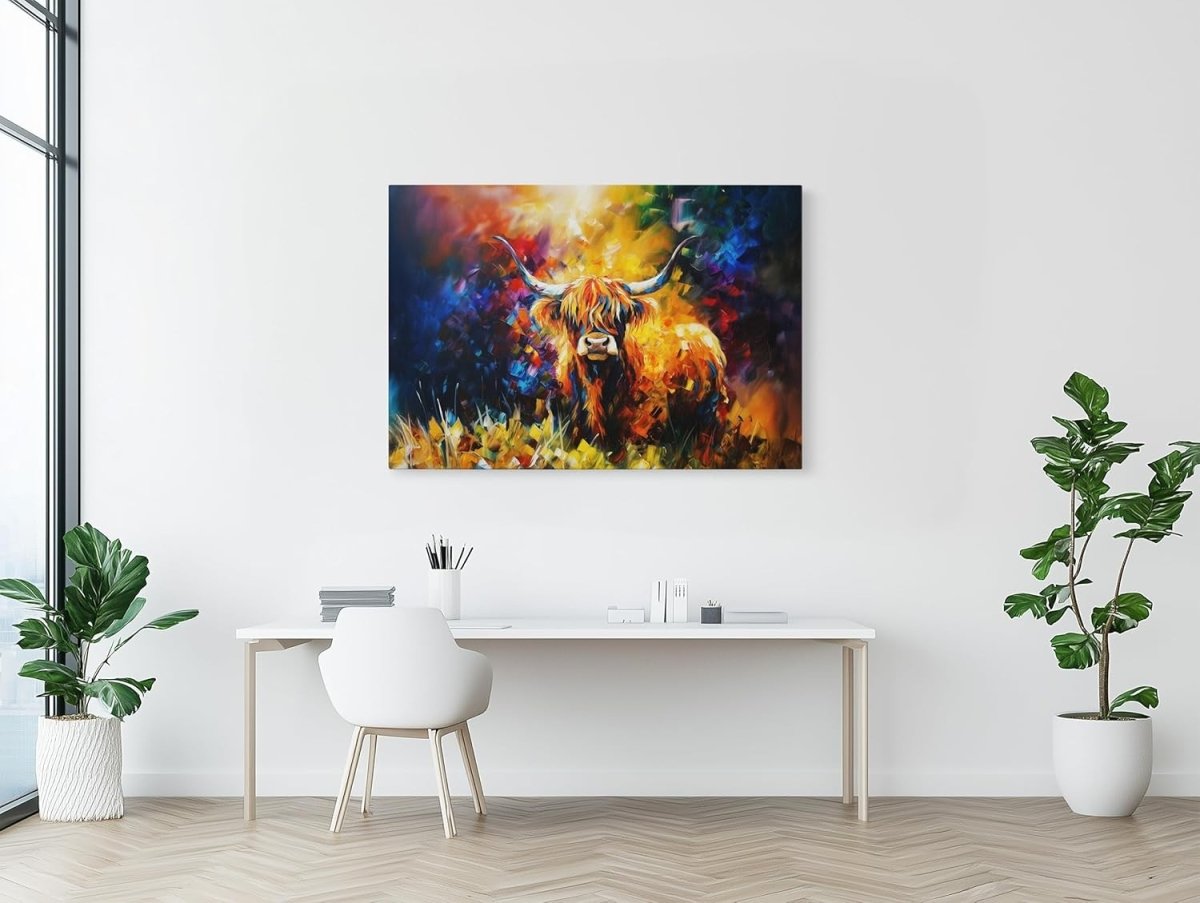 Highland Cow Colourful Canvas Wall Art Framed 102x77cm Abstract - Kwikley