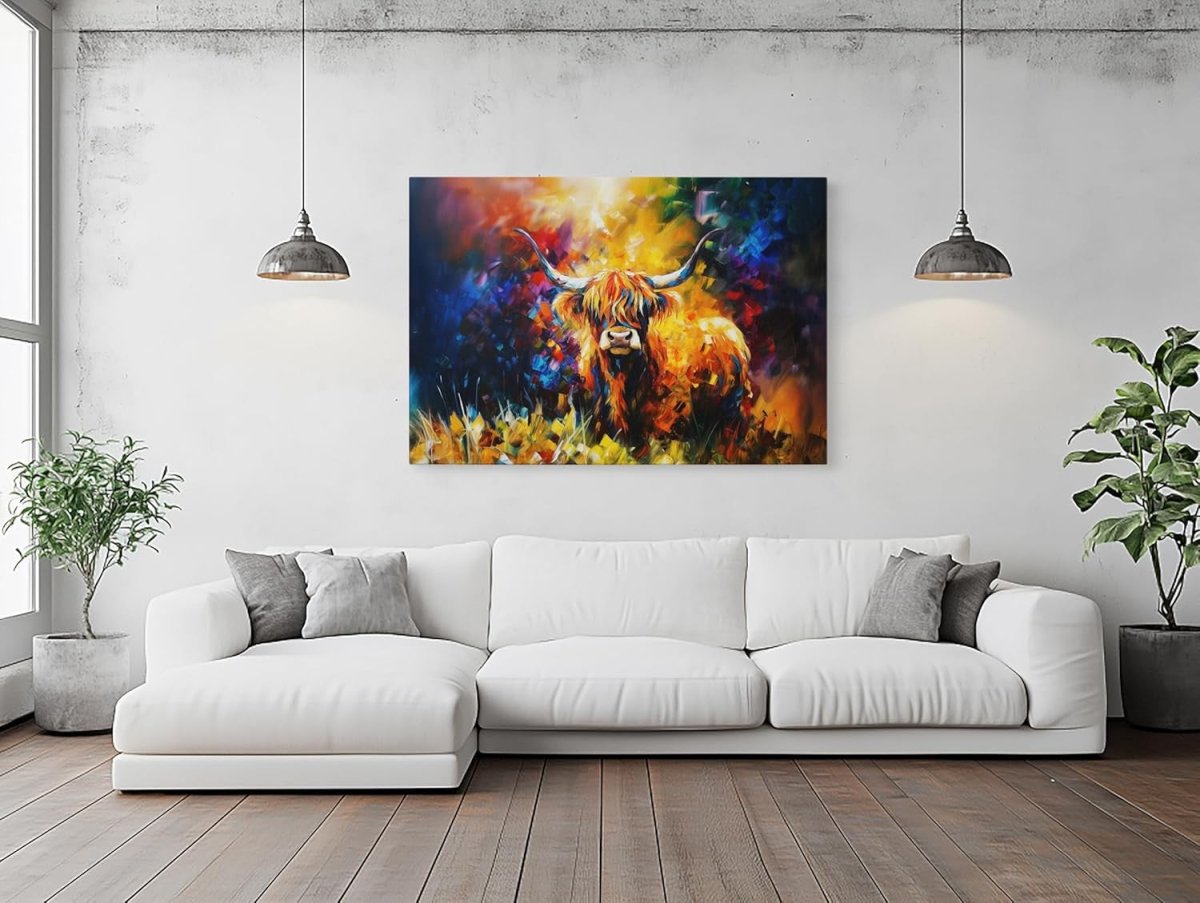 Highland Cow Colourful Canvas Wall Art Framed 102x77cm Abstract - Kwikley