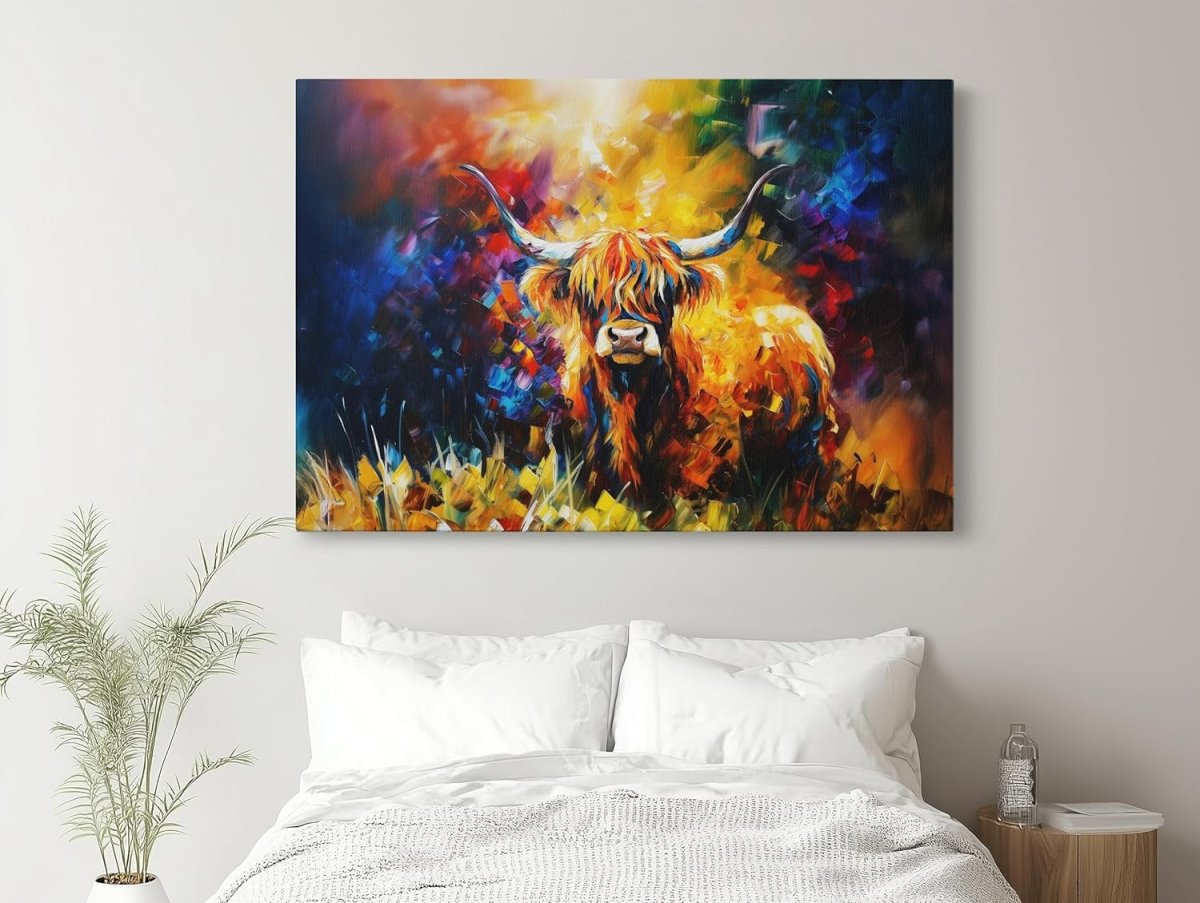 Highland Cow Colourful Canvas Wall Art Framed 102x77cm Abstract - Kwikley