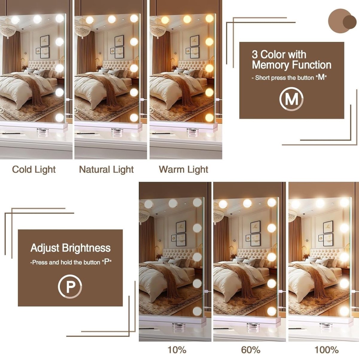 Hollywood Vanity Mirror with Lights, Touch Control, USB Ports, 48x58cm - Kwikley