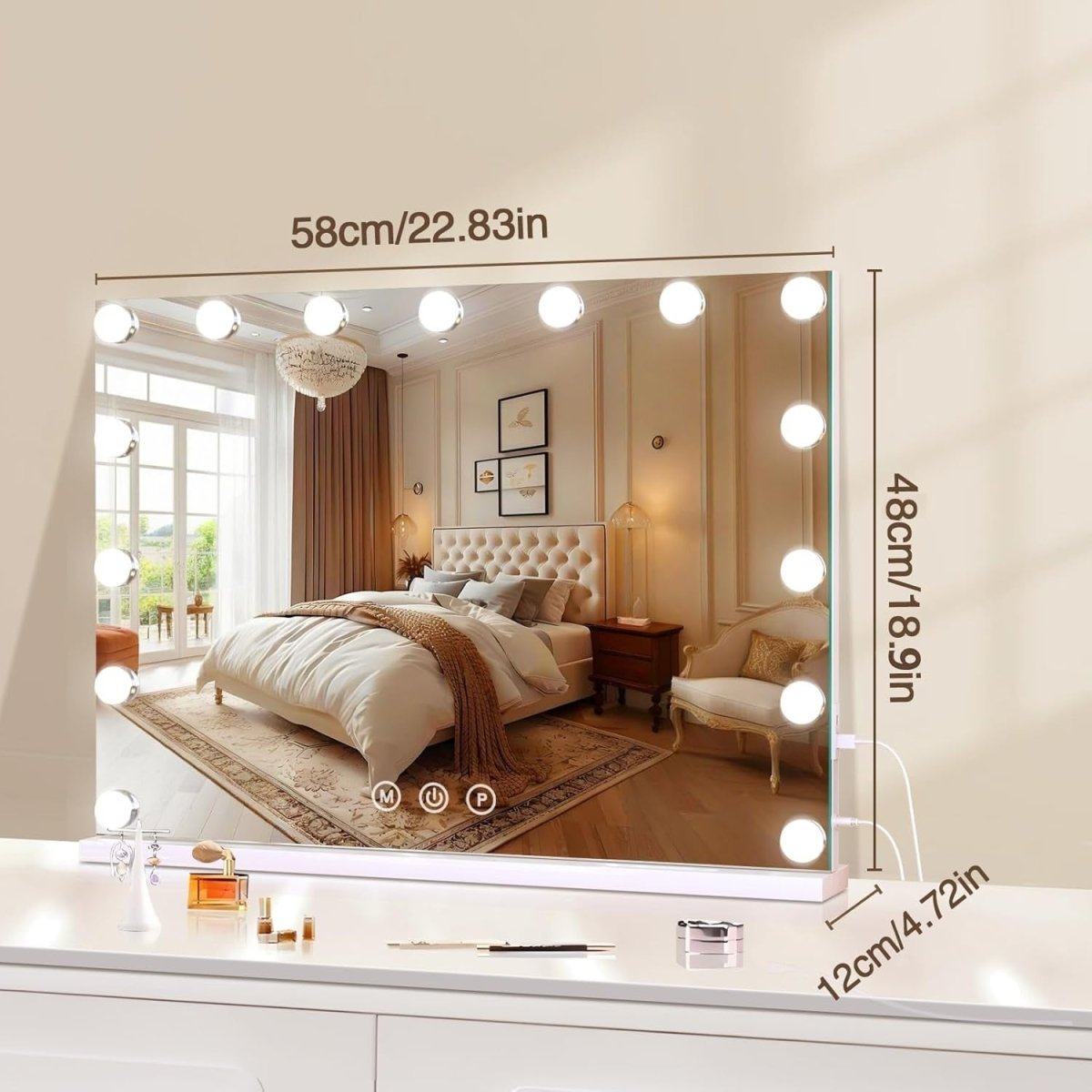 Hollywood Vanity Mirror with Lights, Touch Control, USB Ports, 48x58cm - Kwikley