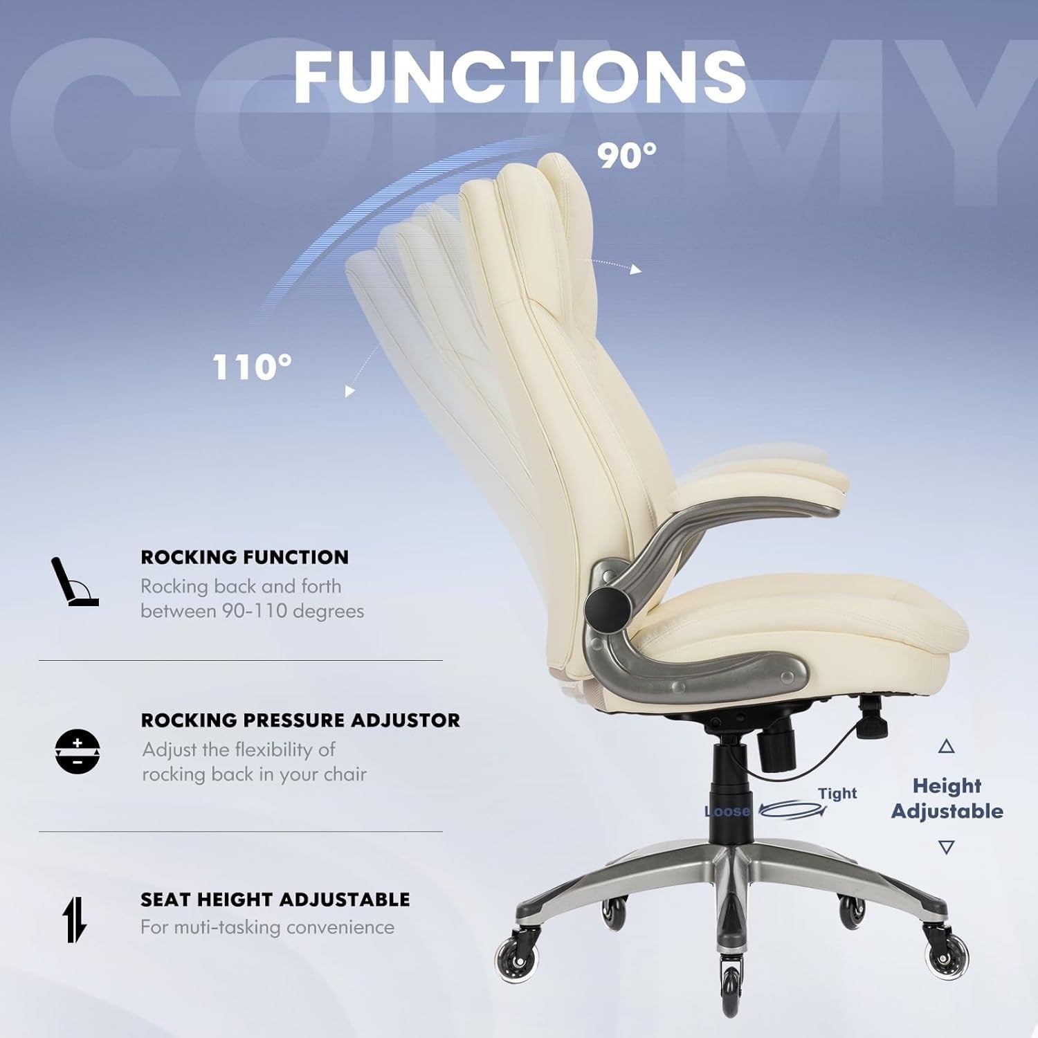Home Office Chair Faux Leather Ergonomic Swivel Desk Seat Ivory Flip - Up Arms - Kwikley