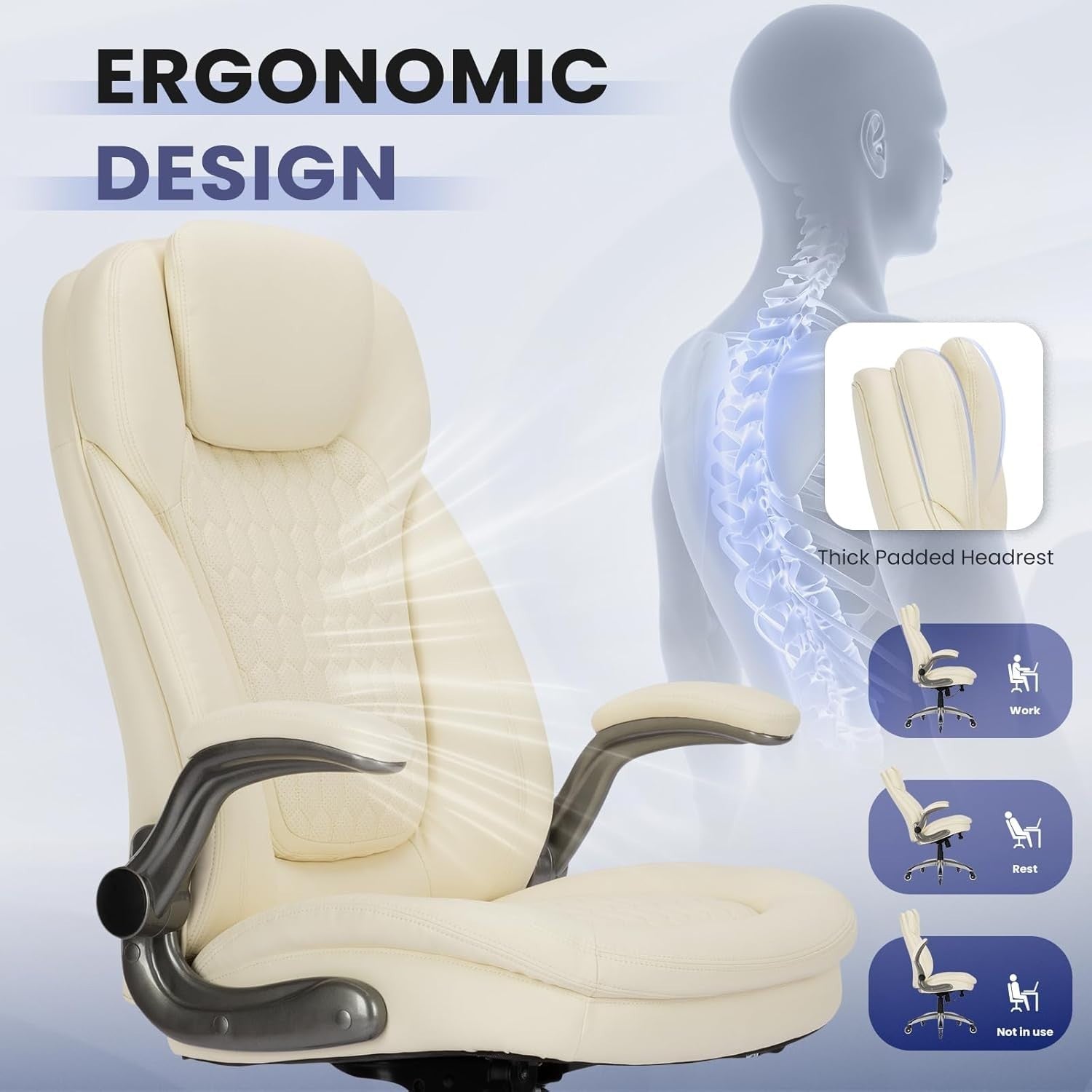 Home Office Chair Faux Leather Ergonomic Swivel Desk Seat Ivory Flip - Up Arms - Kwikley