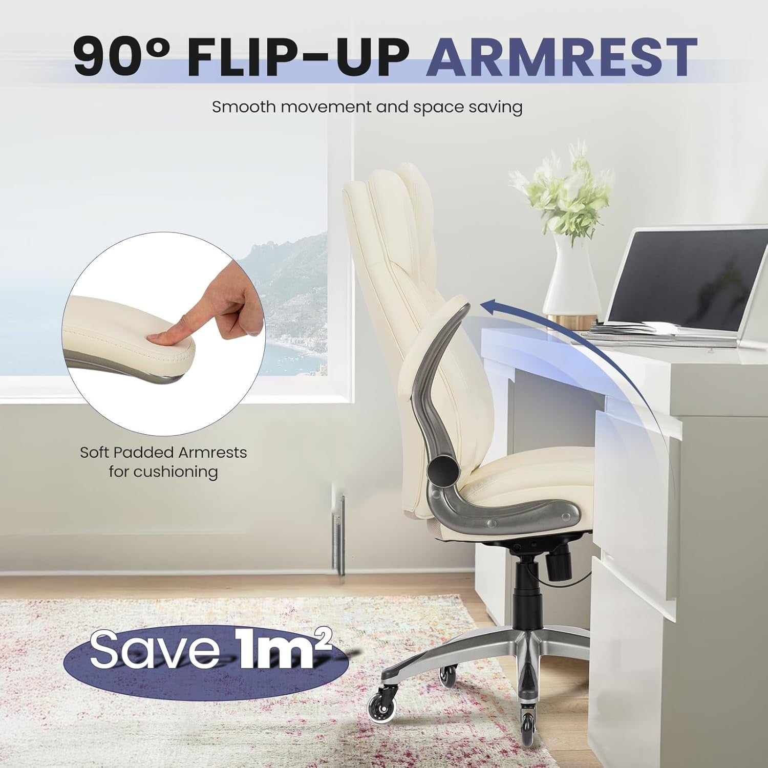 Home Office Chair Faux Leather Ergonomic Swivel Desk Seat Ivory Flip - Up Arms - Kwikley