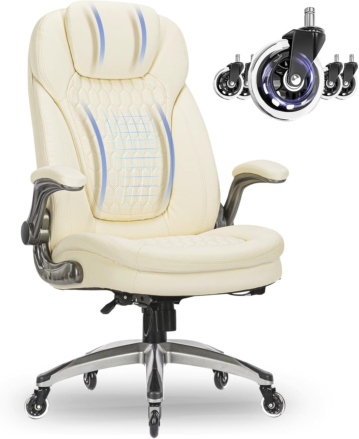 Home Office Chair Faux Leather Ergonomic Swivel Desk Seat Ivory Flip - Up Arms - Kwikley