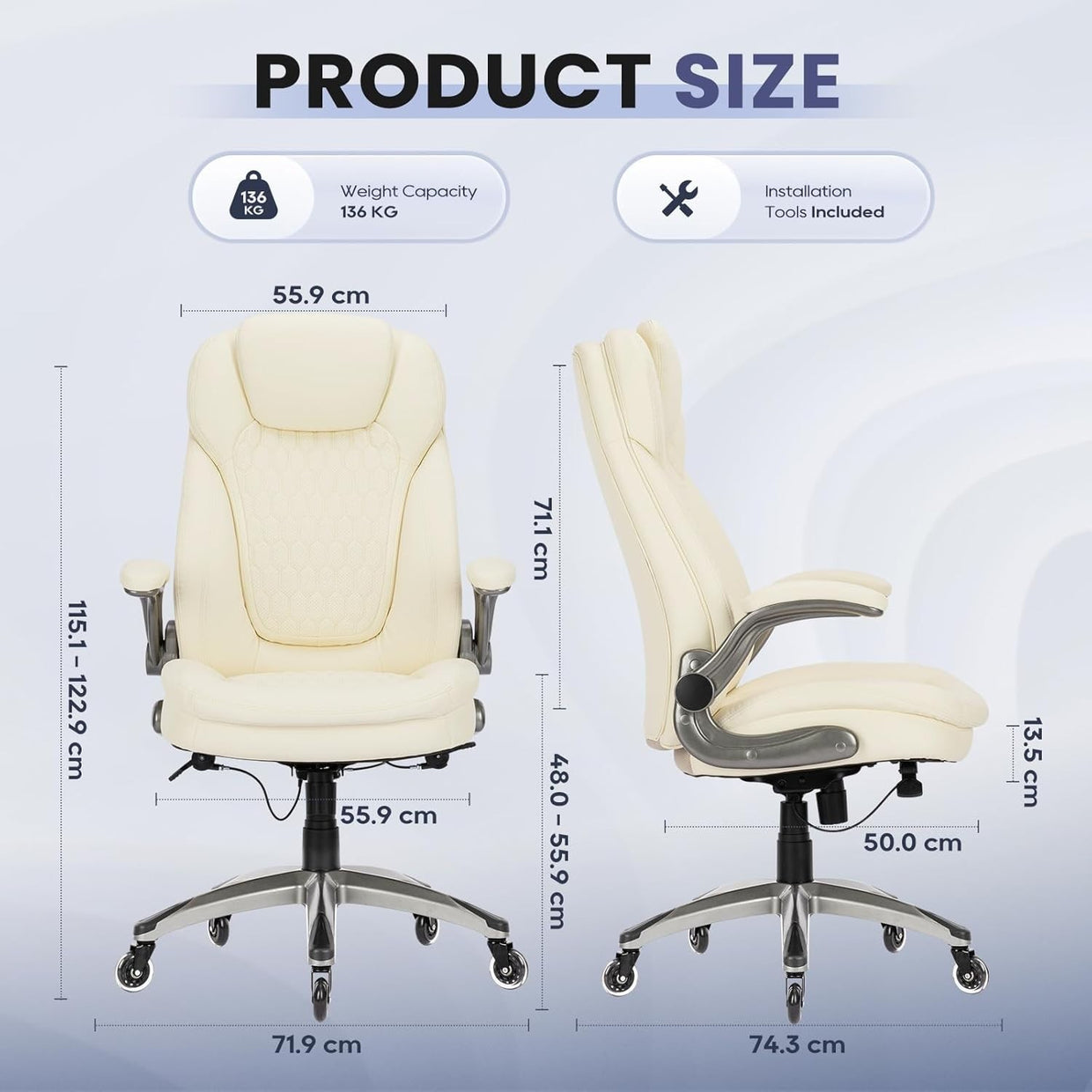 Home Office Chair Faux Leather Ergonomic Swivel Desk Seat Ivory Flip - Up Arms - Kwikley