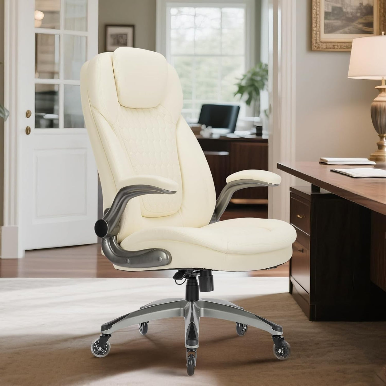 Home Office Chair Faux Leather Ergonomic Swivel Desk Seat Ivory Flip - Up Arms - Kwikley