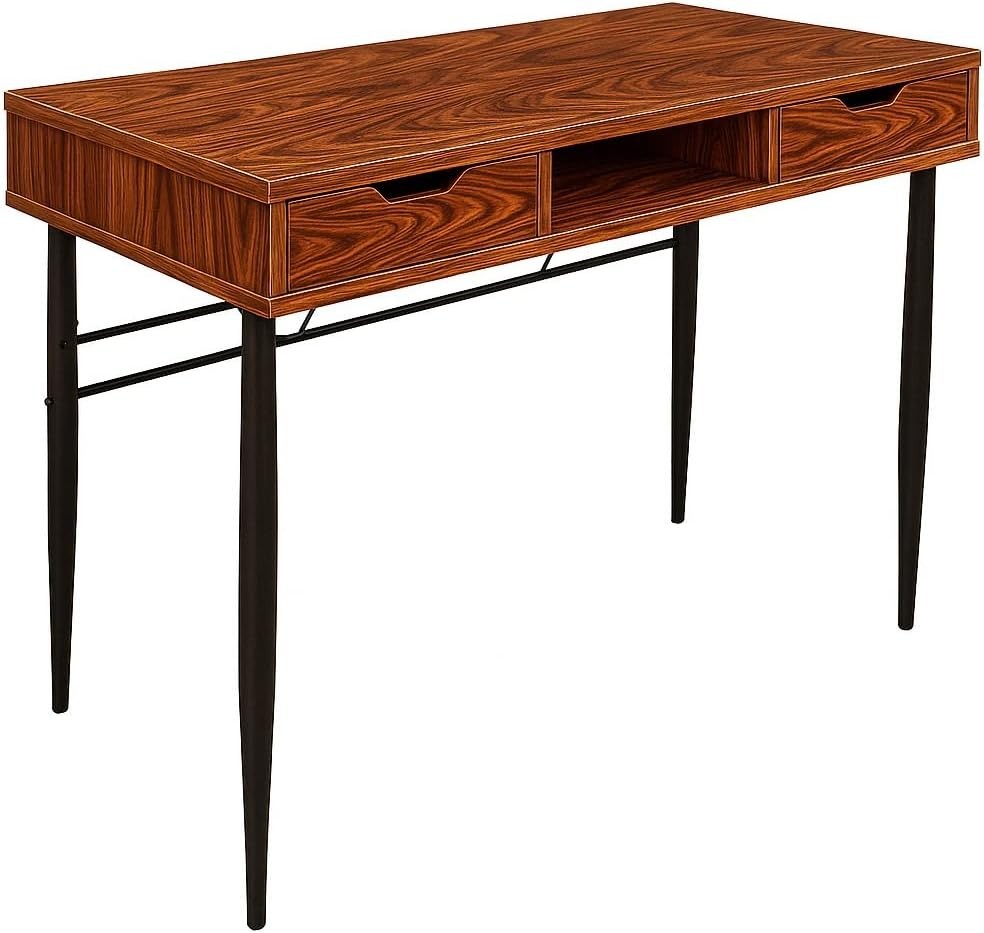 Home Office Desk 110x55cm Walnut Black with Drawers Ergonomic Study Table - Kwikley