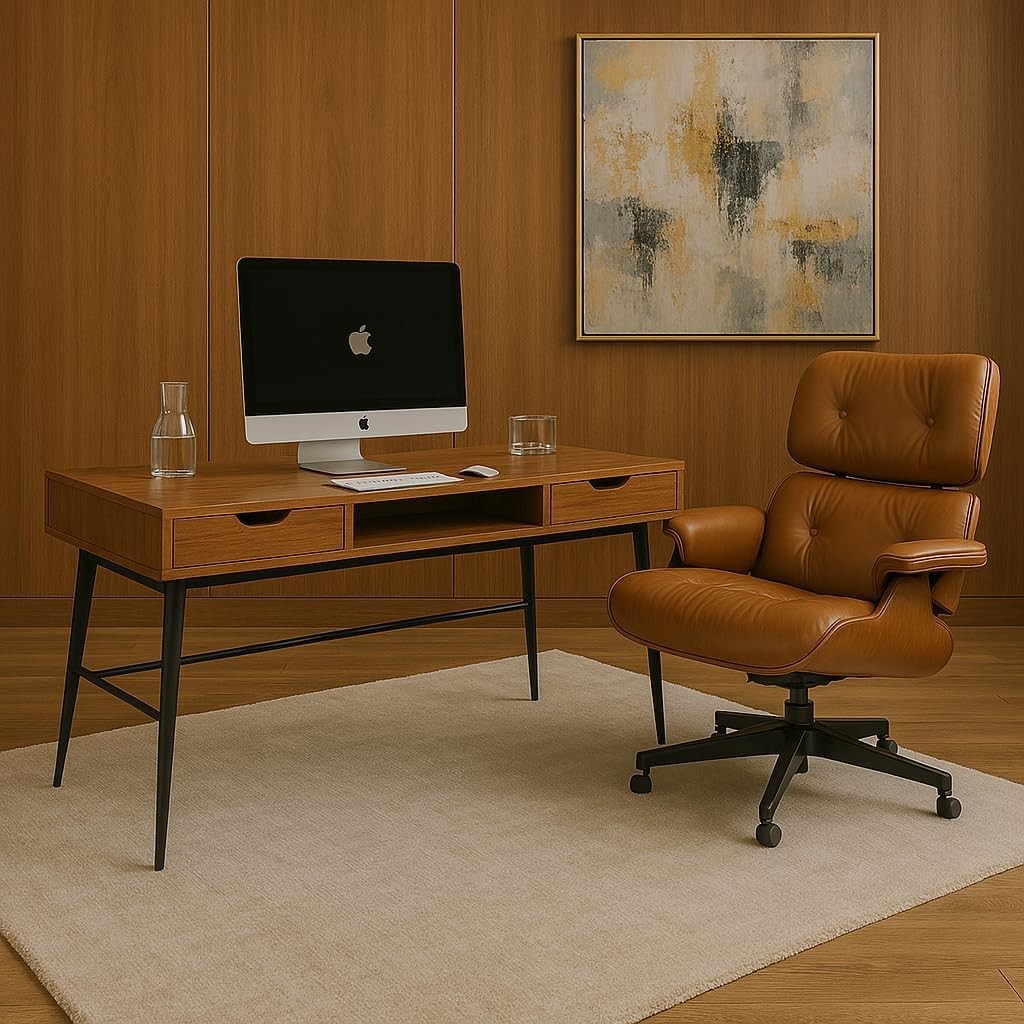 Home Office Desk 110x55cm Walnut Black with Drawers Ergonomic Study Table - Kwikley