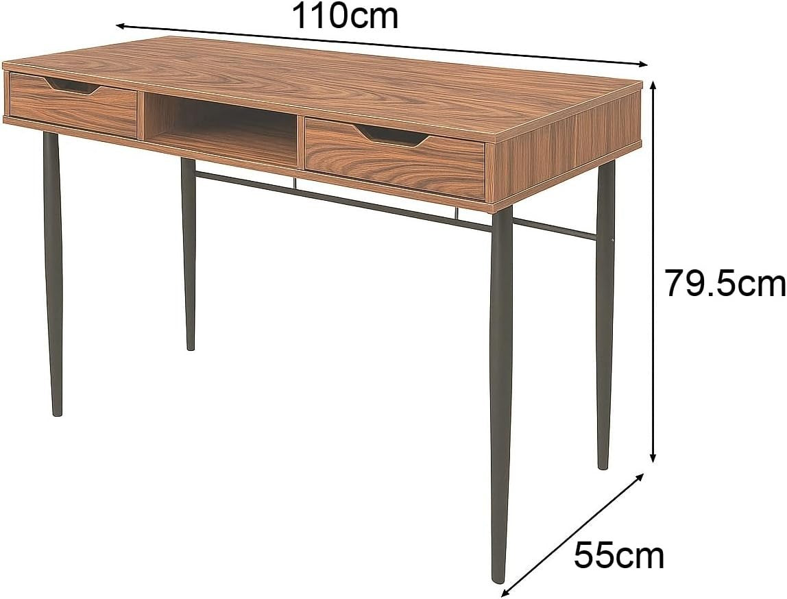 Home Office Desk 110x55cm Walnut Black with Drawers Ergonomic Study Table - Kwikley