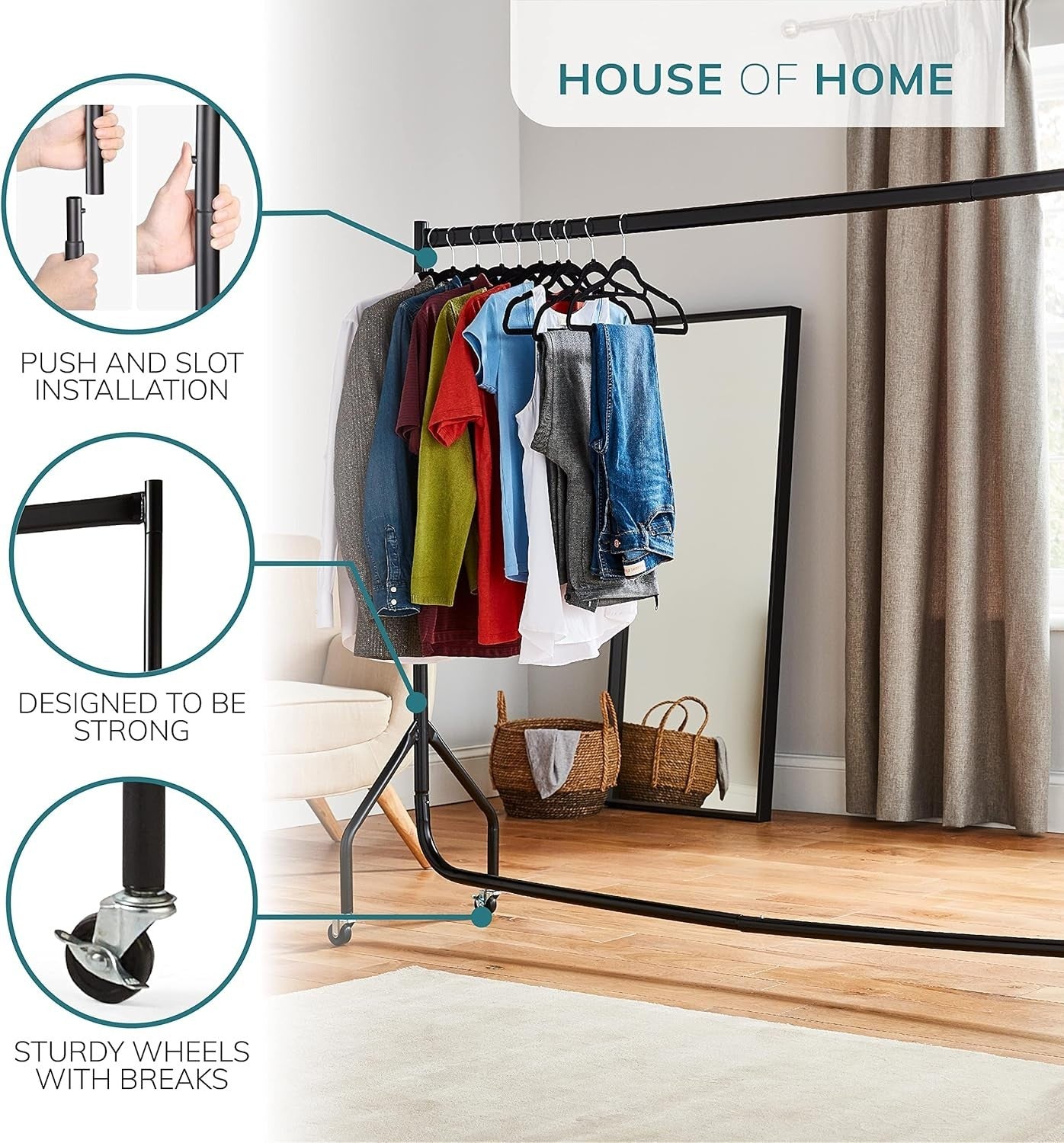 House of Home Heavy Duty Clothes Rail 150kg – 6ft Black with Wheels - Kwikley