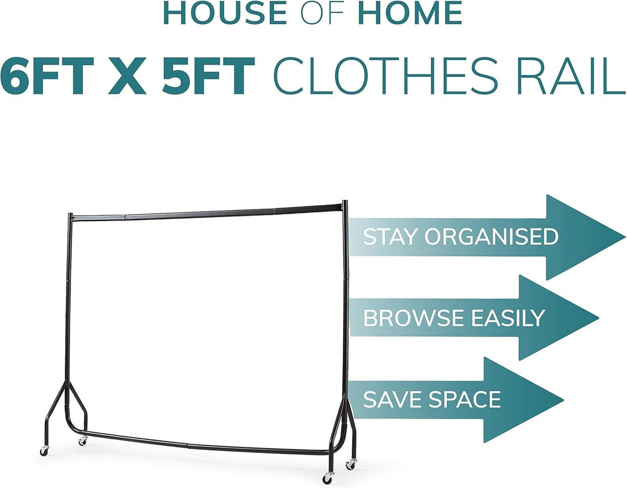 House of Home Heavy Duty Clothes Rail 150kg – 6ft Black with Wheels - Kwikley