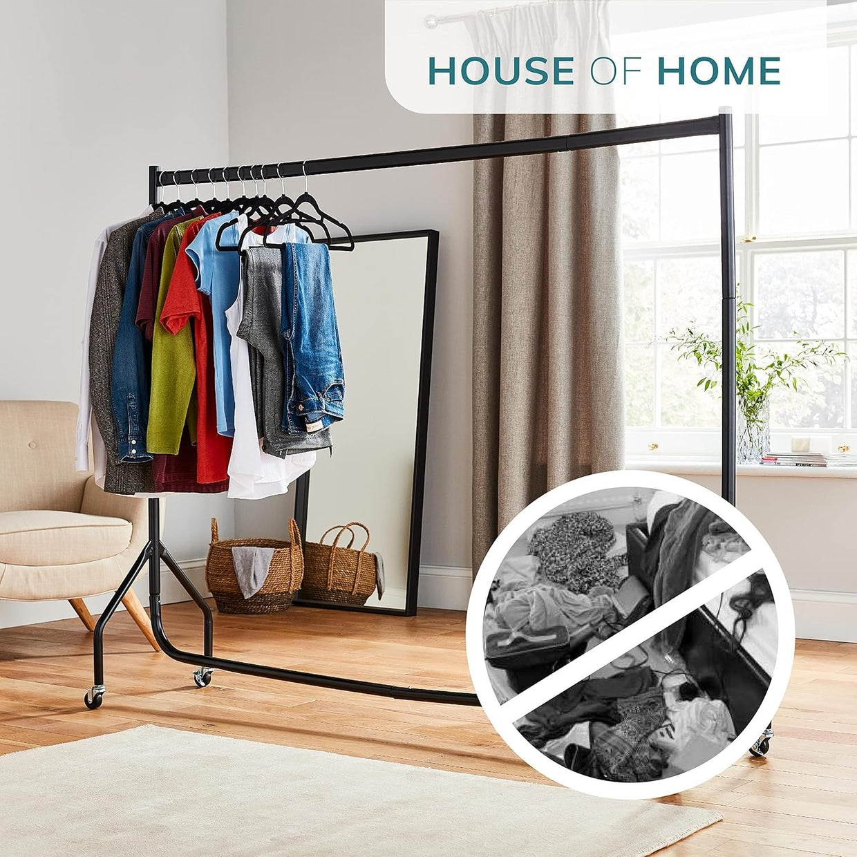 House of Home Heavy Duty Clothes Rail 150kg – 6ft Black with Wheels - Kwikley