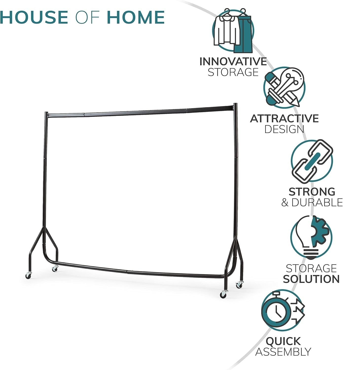 House of Home Heavy Duty Clothes Rail 150kg – 6ft Black with Wheels - Kwikley