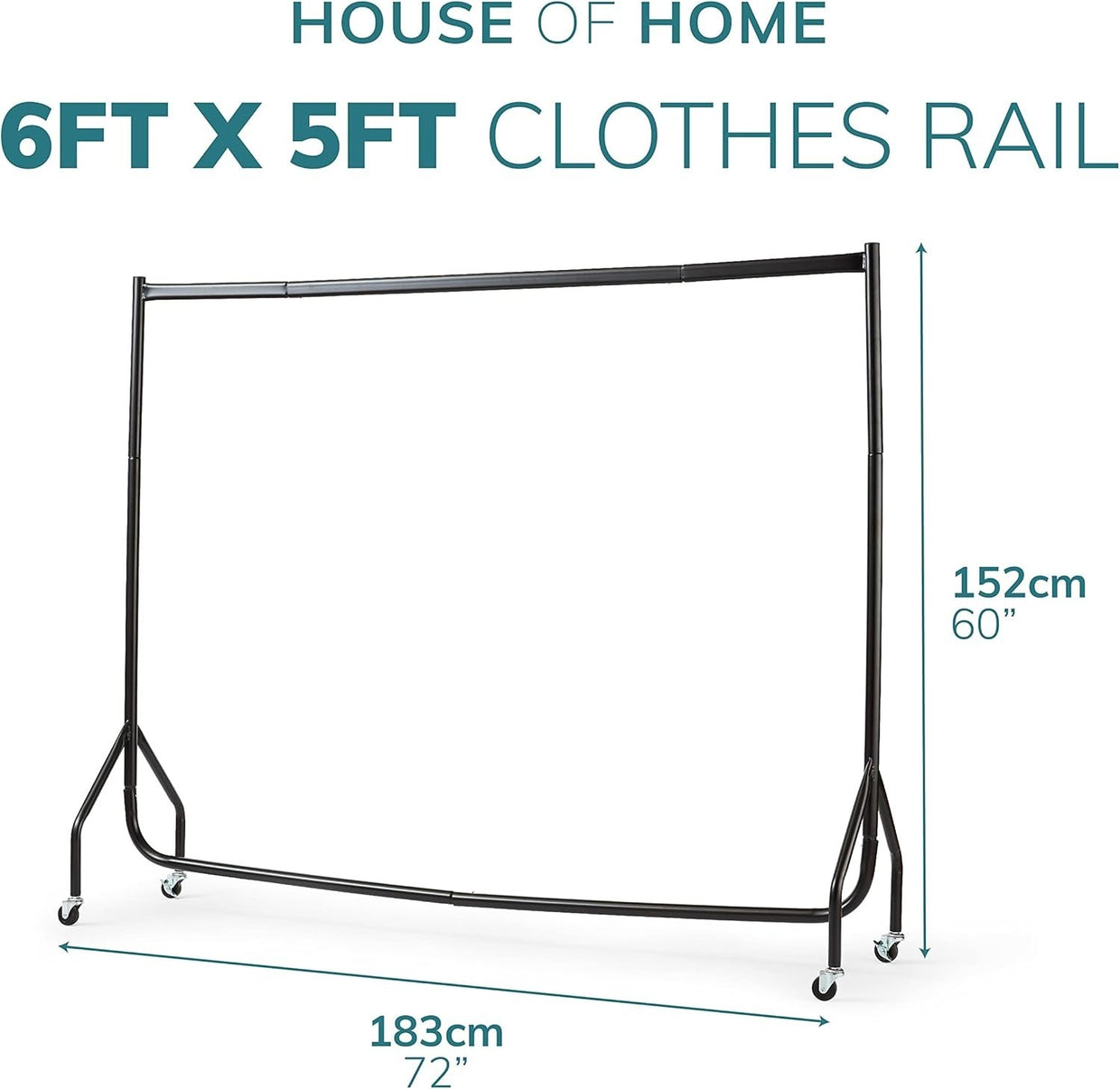 House of Home Heavy Duty Clothes Rail 150kg – 6ft Black with Wheels - Kwikley