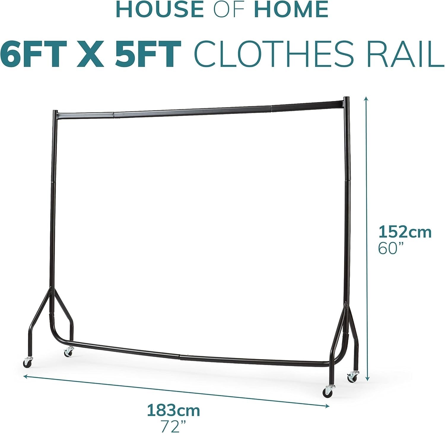 House of Home Heavy Duty Clothes Rail 150kg – 6ft Black with Wheels - Kwikley