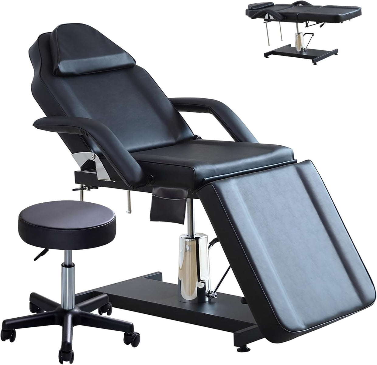 Hydraulic 3 - Section Beauty Massage Bed w/ Head Cushion & Swivel Stool Black - Kwikley