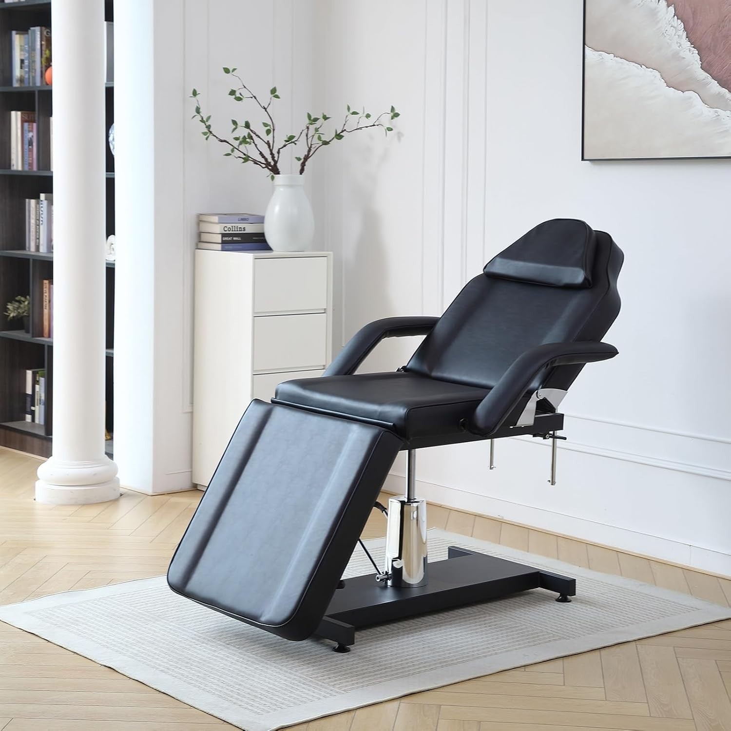Hydraulic 3 - Section Beauty Massage Bed w/ Head Cushion & Swivel Stool Black - Kwikley