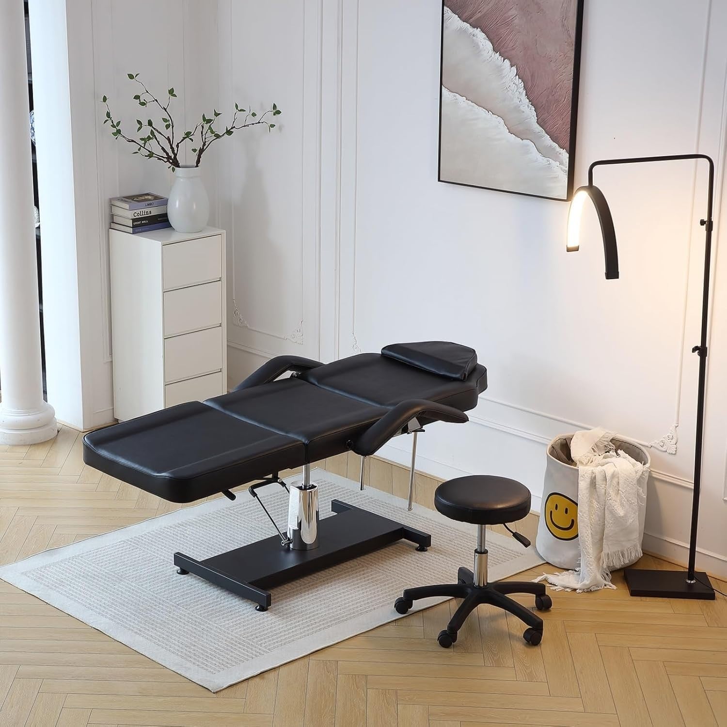 Hydraulic 3 - Section Beauty Massage Bed w/ Head Cushion & Swivel Stool Black - Kwikley