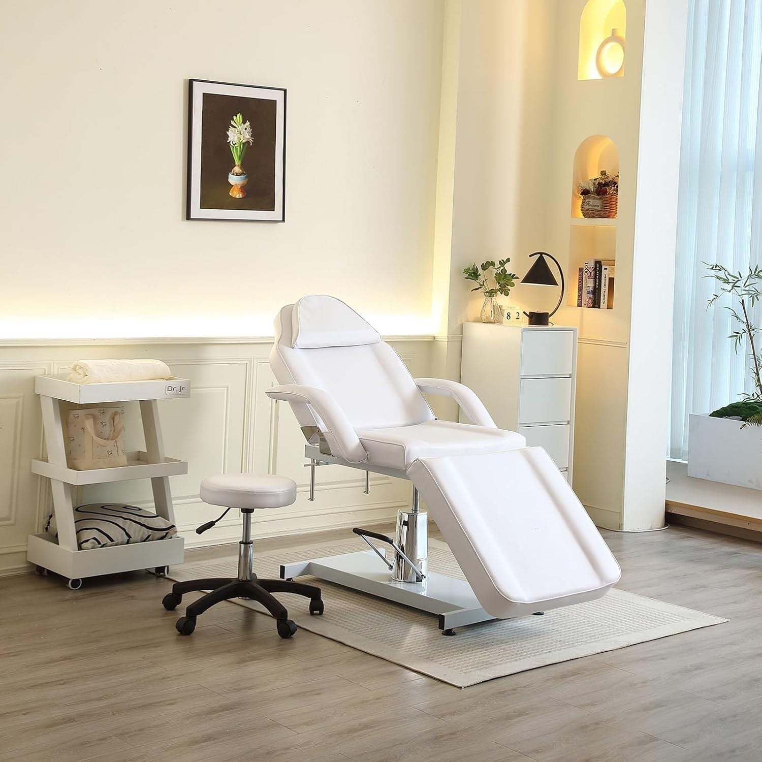 Hydraulic 3 - Section Beauty Massage Bed w/ Head Cushion & Swivel Stool White - Kwikley