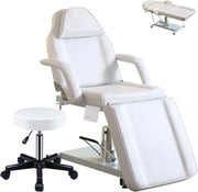 Hydraulic 3 - Section Beauty Massage Bed w/ Head Cushion & Swivel Stool White - Kwikley