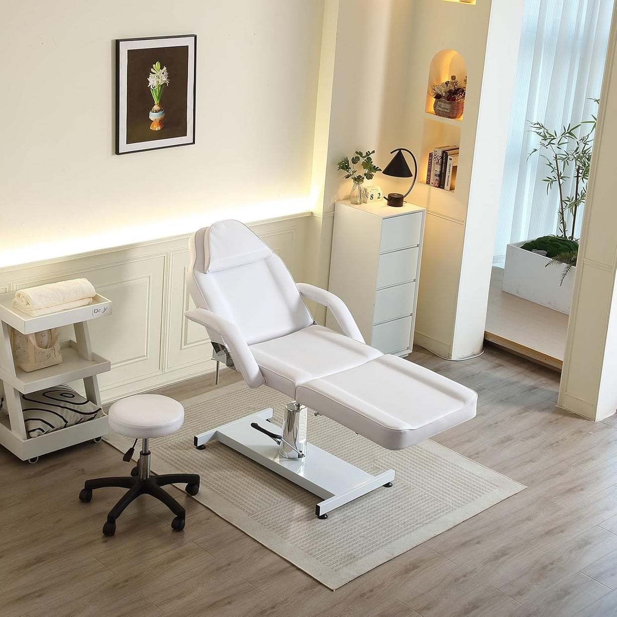 Hydraulic 3 - Section Beauty Massage Bed w/ Head Cushion & Swivel Stool White - Kwikley