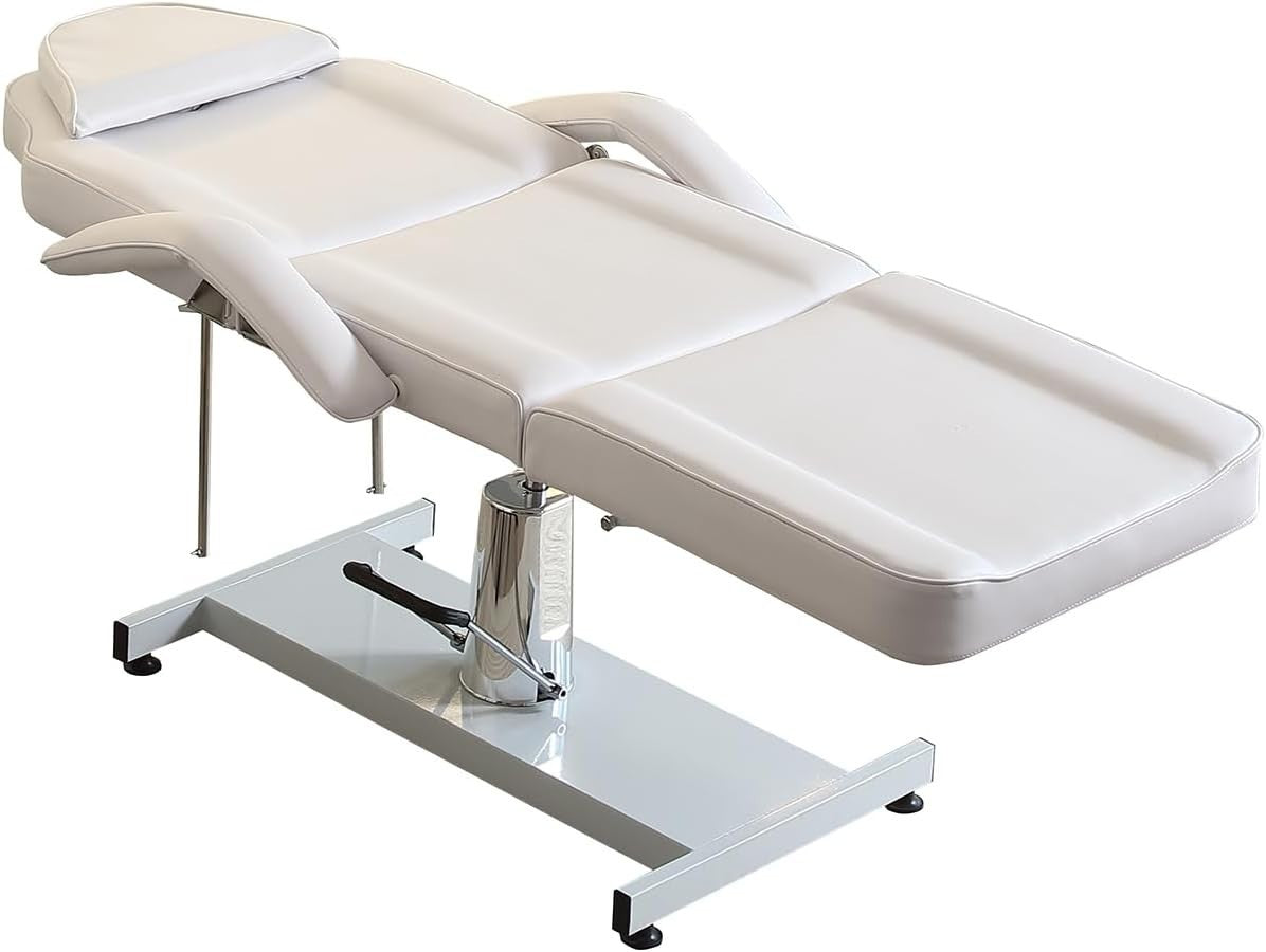 Hydraulic 3 - Section Beauty Massage Bed w/ Head Cushion & Swivel Stool White - Kwikley