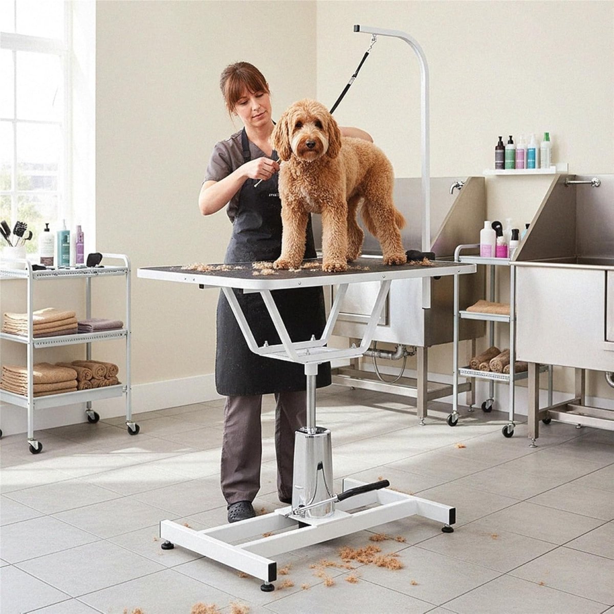 Hydraulic Dog Grooming Table Adjustable Height Non Slip Top with Arm - Kwikley