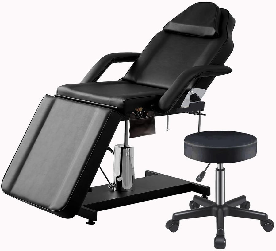 Hydraulic Massage Table 360° Swivel Adjustable Beauty Bed w/ Stool Black - Kwikley