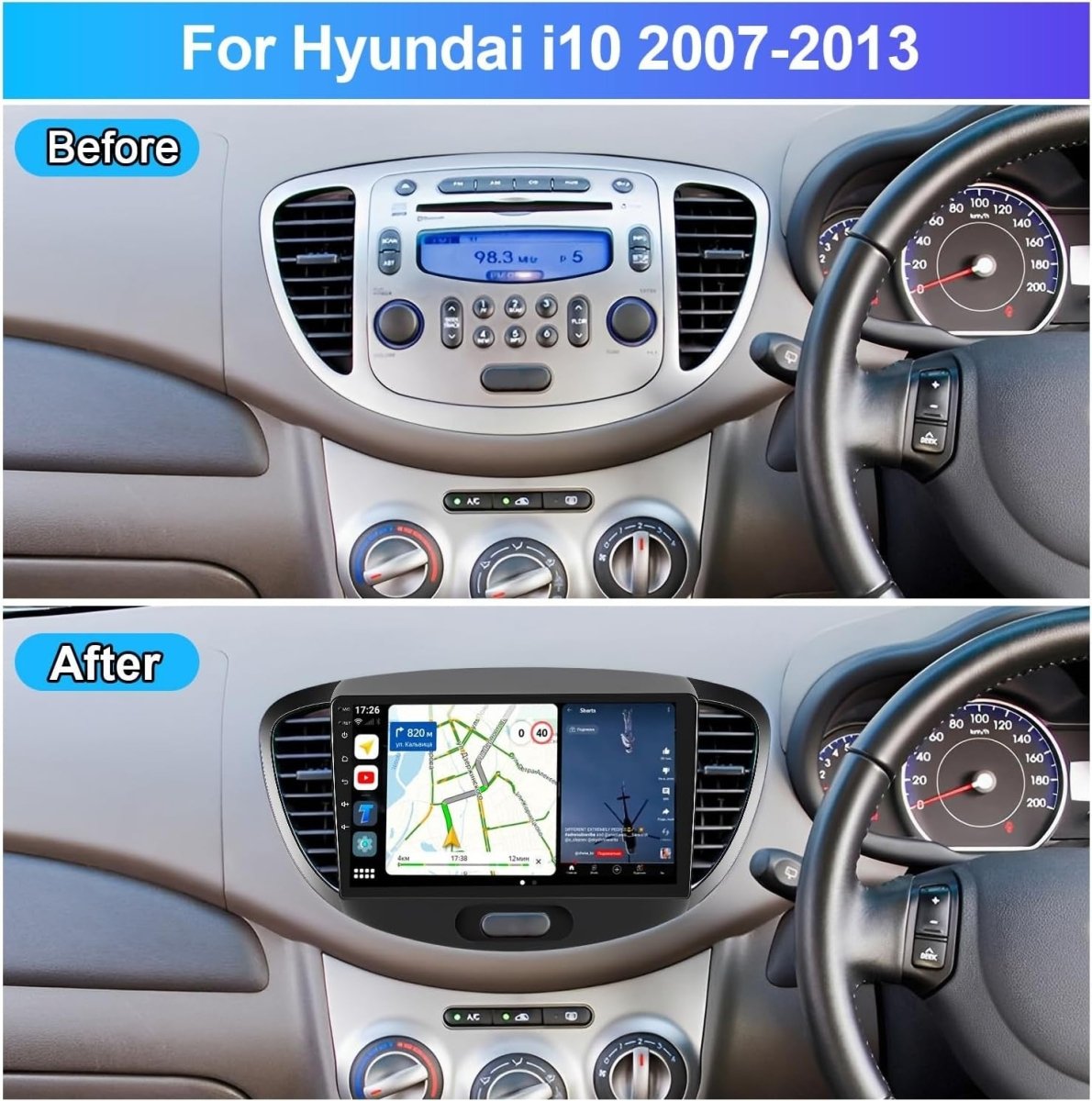 Hyundai i10 2007 - 2013 Car Stereo Double Din – 9" Android Touchscreen, Black - Kwikley
