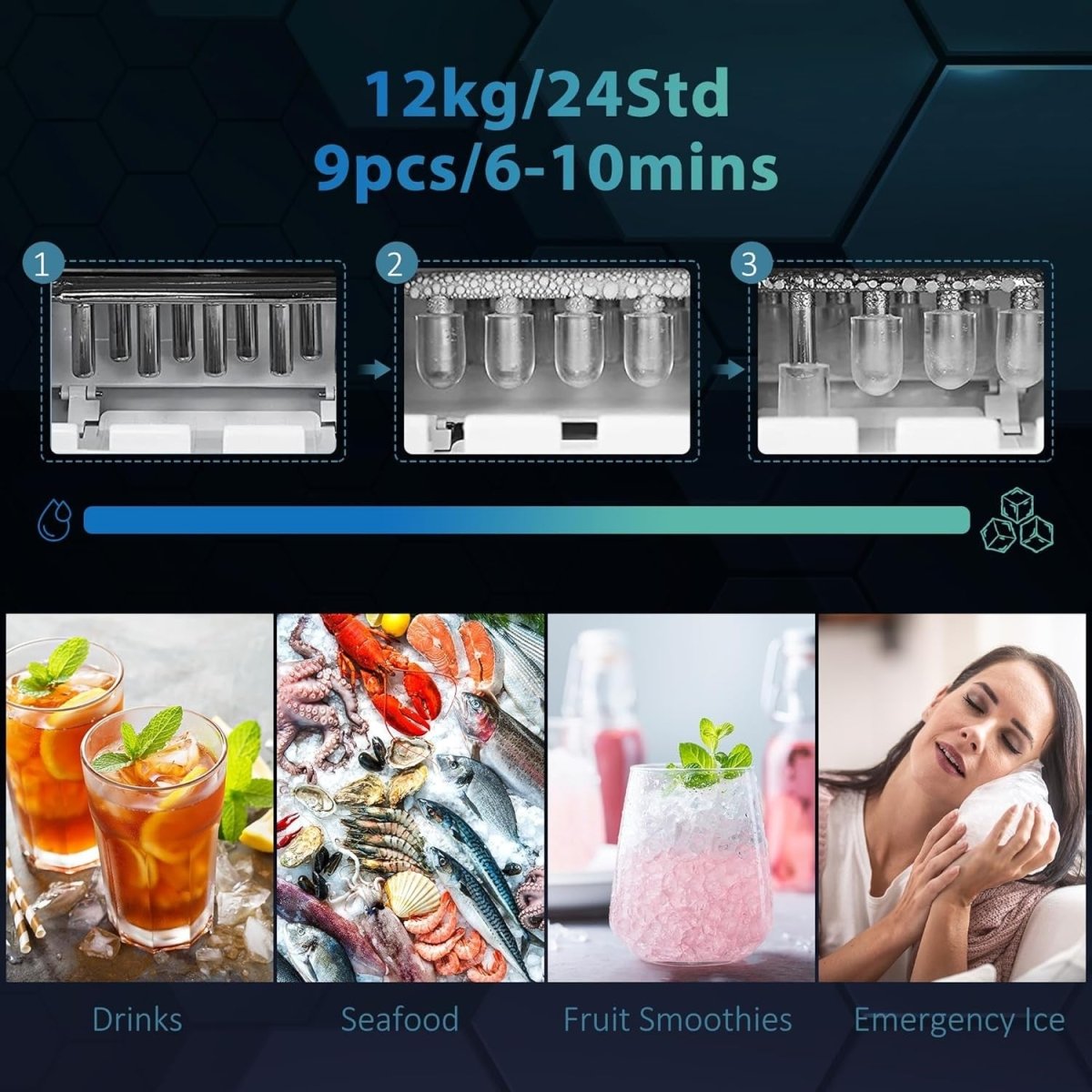 Ice Maker & Water Dispenser Countertop 12kg/24H Fast Ice 3L Tank - Kwikley