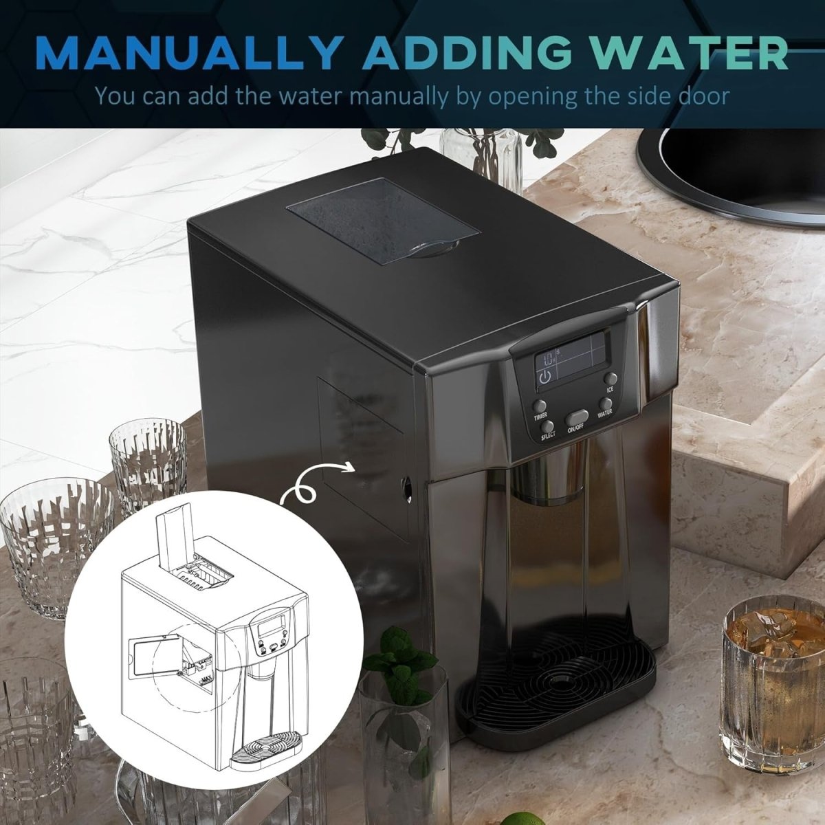 Ice Maker & Water Dispenser Countertop 12kg/24H Fast Ice 3L Tank - Kwikley