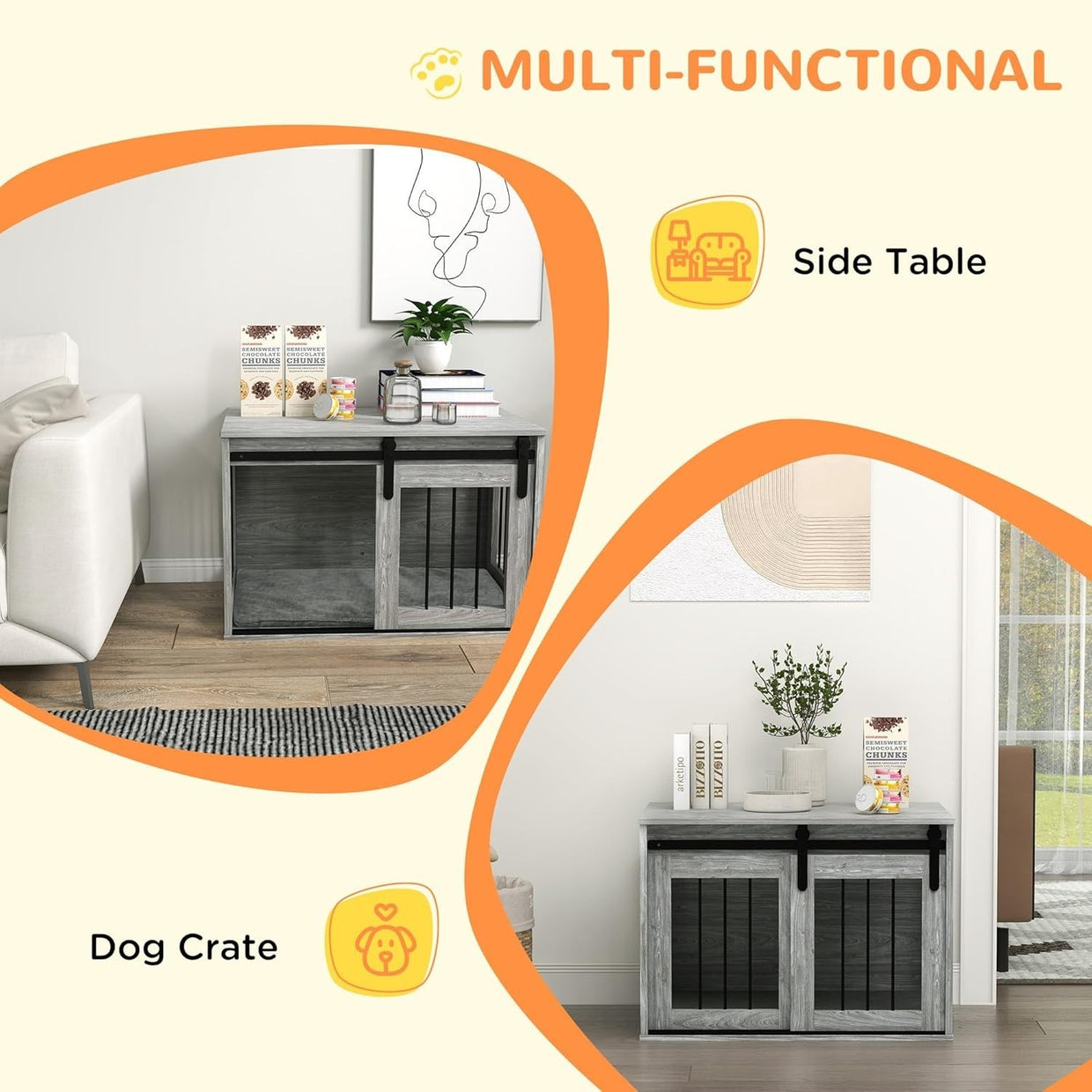 Indoor Dog Crate Furniture Table | Stylish Kennel w/ Cushion & Barn Door - Kwikley