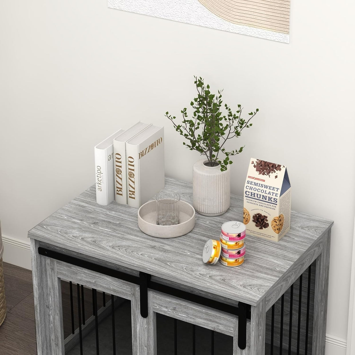 Indoor Dog Crate Furniture Table | Stylish Kennel w/ Cushion & Barn Door - Kwikley