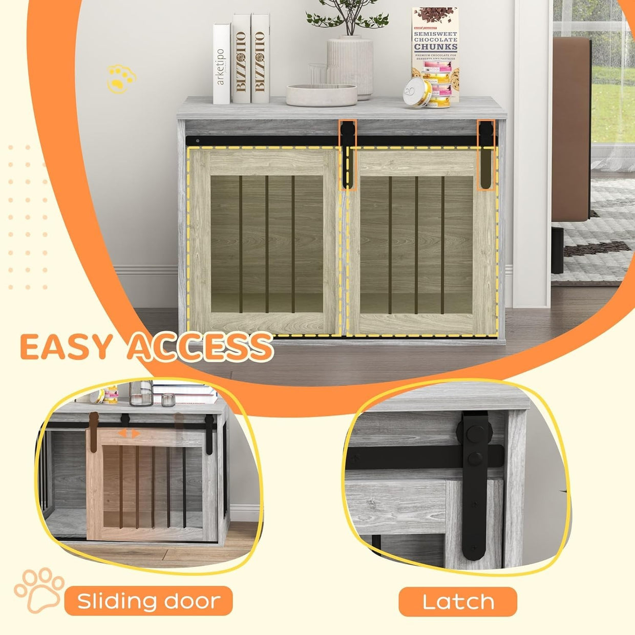 Indoor Dog Crate Furniture Table | Stylish Kennel w/ Cushion & Barn Door - Kwikley