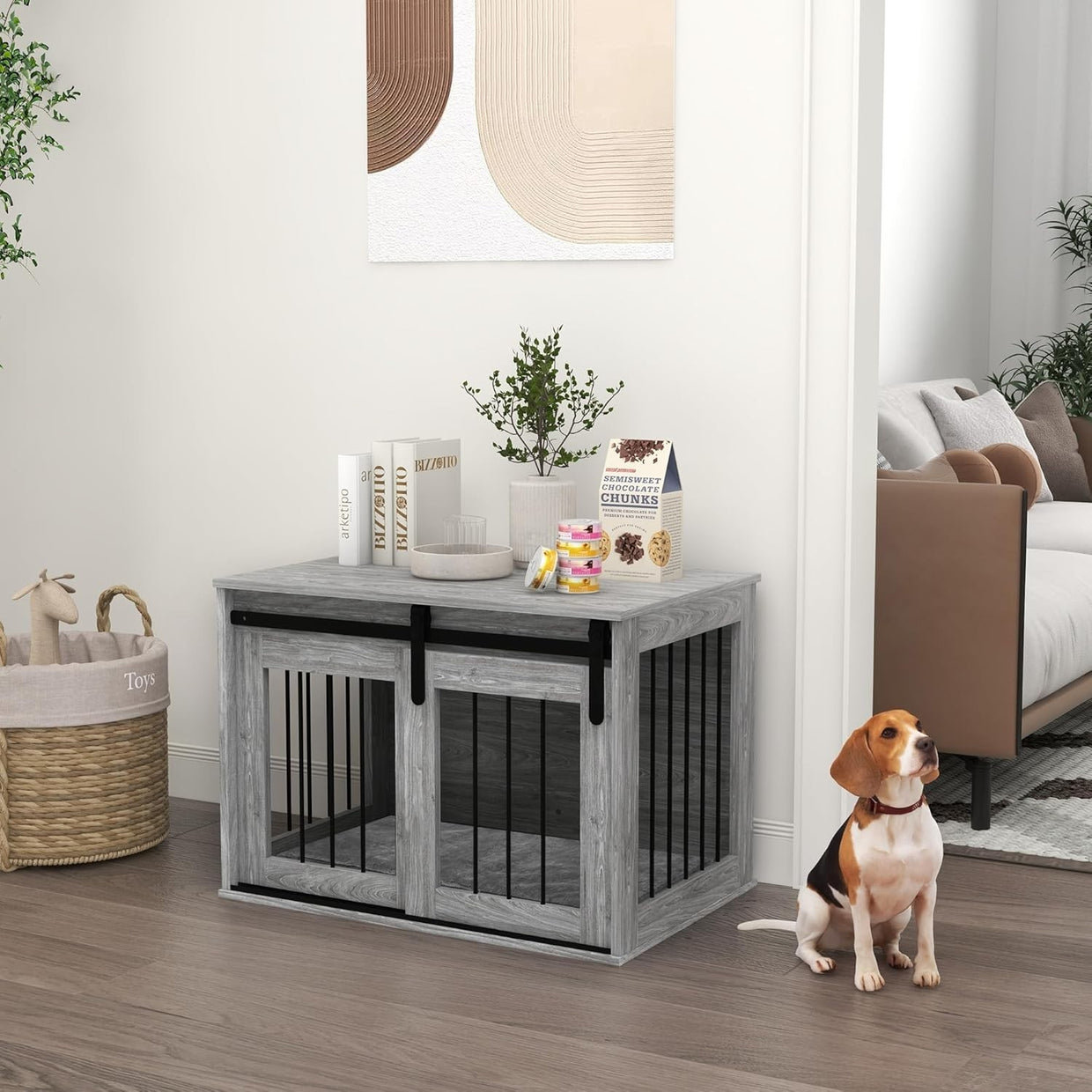 Indoor Dog Crate Furniture Table | Stylish Kennel w/ Cushion & Barn Door - Kwikley
