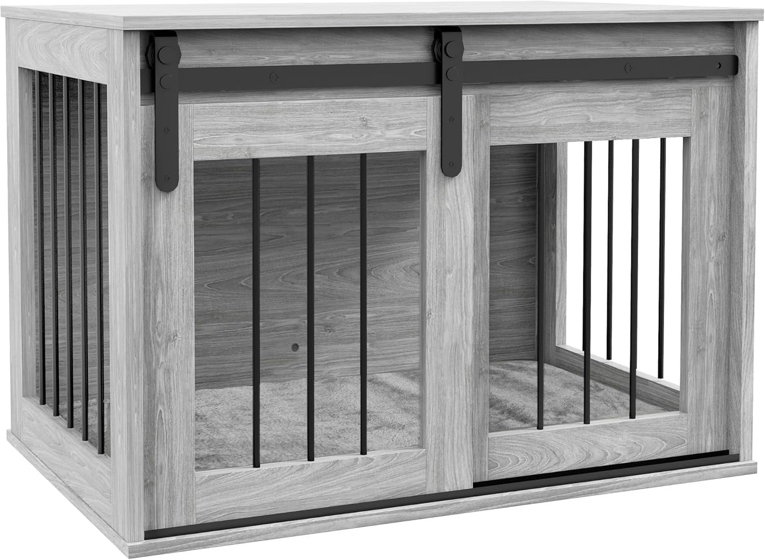 Indoor Dog Crate Furniture Table | Stylish Kennel w/ Cushion & Barn Door - Kwikley